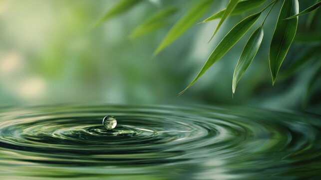 Water drop creates ripples on water surface with green foliage background.