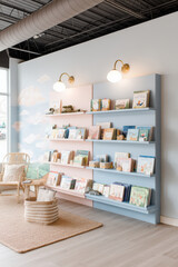A bright children's bookstore with pastel-colored walls features a colorful bookshelf filled with children's books, a cozy chair, and soft lighting creating a welcoming atmosphere