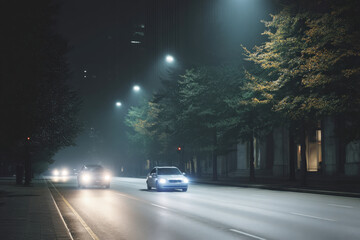 Cars with headlights illuminating a misty street at night, surrounded by trees and buildings, creating a serene and mysterious ambiance