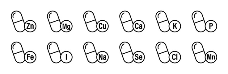 Essential minerals including Zn, Mg, Cu, Ca, K, P, Fe, I, Na, Se, Cl, and Mn, on white background, symbolizing nutrition, supplements, and health care.