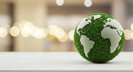 Green globe with white continents on a white surface against blurred background.