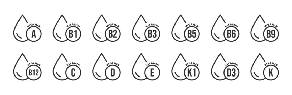 Set of vitamin icons inside drop shapes labeled A, B1–B12, C, D3, E, K1, and K, in black on white background, representing nutritional supplements, health, wellness, or dietary infographics.
