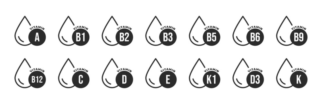 Set of vitamin icons inside drop shapes labeled A, B1&ndash;B12, C, D3, E, K1, and K, in black on white background, representing nutritional supplements, health, wellness, or dietary infographics.