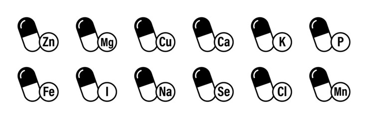 Essential minerals including Zn, Mg, Cu, Ca, K, P, Fe, I, Na, Se, Cl, and Mn, on white background, symbolizing nutrition, supplements, and health care.