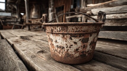 Fototapeta premium Weathered rust bucket on rustic wooden planks displaying aging and wear