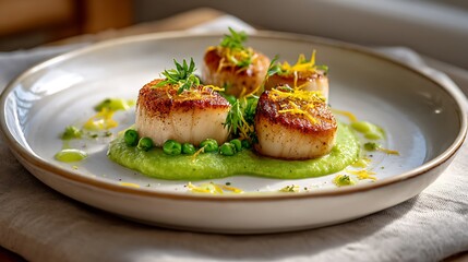 Seared Scallops with Green Puree and Herb Garnish