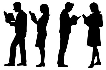 men and women while Reading silhouettes Vector in PNG showing a group of standing business people in black color isolated on transparent background