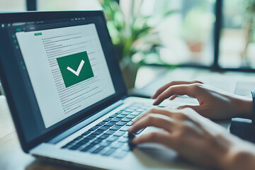 Hand types on laptop with document and check mark overlay.
