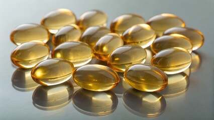 A cluster of clear ovular Vitamin E softgels filled with a rich golden oil