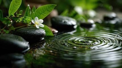 Black stones in water with ripples and green plants creating a zen scene.