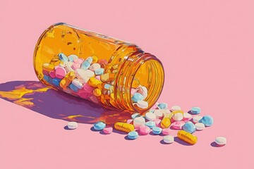 Colorful assortment of pills spilling from an orange prescription bottle onto a pink surface, creating a vibrant and eye-catching display of medication and health concepts