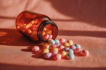 Colorful pills spilling from an amber glass bottle onto a soft pink surface, showcasing vibrant hues and textures, creating a visually appealing and dynamic composition