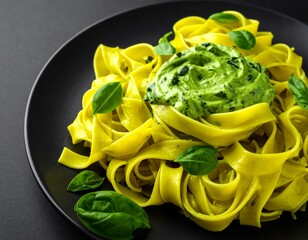 Neon yellow pasta with spinach sauce on black background
