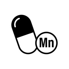 Manganese (Mn) supplement icon in capsule form, isolated on white background, symbolizing bone development, metabolism, antioxidant support, and trace mineral nutrition in health or medical contexts.