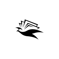 Illustration of a flying bird and an open book logo. Symbolizes unlimited higher education and the freedom to achieve it. Black and white vector. Company logo, printing, book cover, publishing