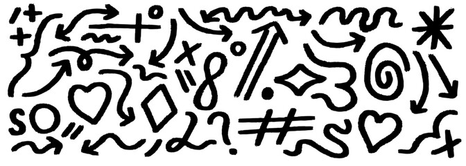 Hand drawn arrow and doodle symbols vector set. Unique abstract scribble and doodle elements