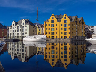 Stunning historical architecture in the port city of Ålesund (Aalesund), Møre og Romsdal, Norway.