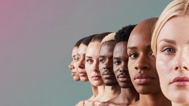 Multicultural group standing shoulder to shoulder, embodying unity and strength through diversity, representing global interconnectedness and shared human experience across ethnic backgrounds