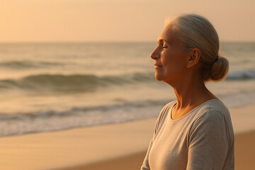 senior woman gracefully practices yoga on a serene beach at sunrise, embracing tranquility. Gentle ocean waves roll in as warm sunlight bathes the scene, creating a peaceful and meditative atmosphere.