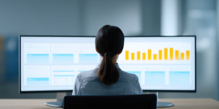 A woman sits at a desk, viewing data visualizations on a large screen. Data analysis and technology