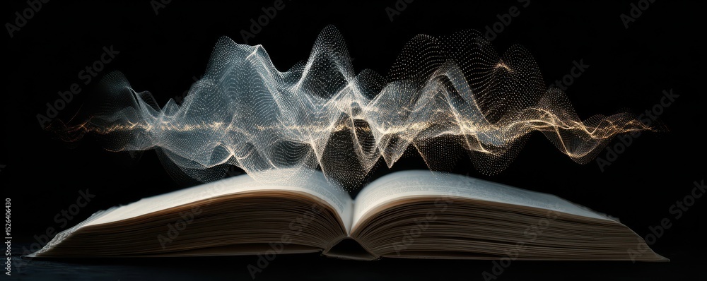 Poster vibrant wave patterns emanating from an open book against a dark background