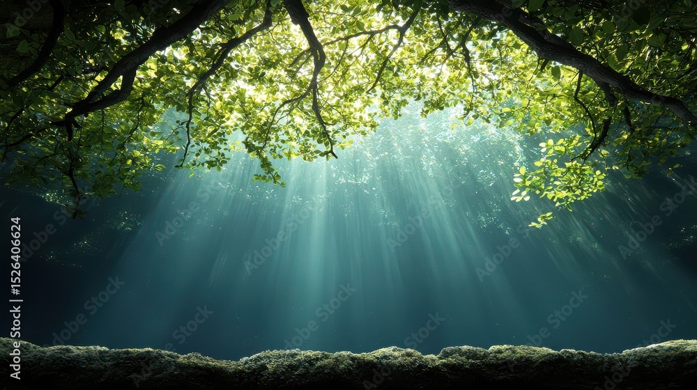 Poster sunlight filtering through leaves in calm forest with soft glow illuminating tranquil nature scene