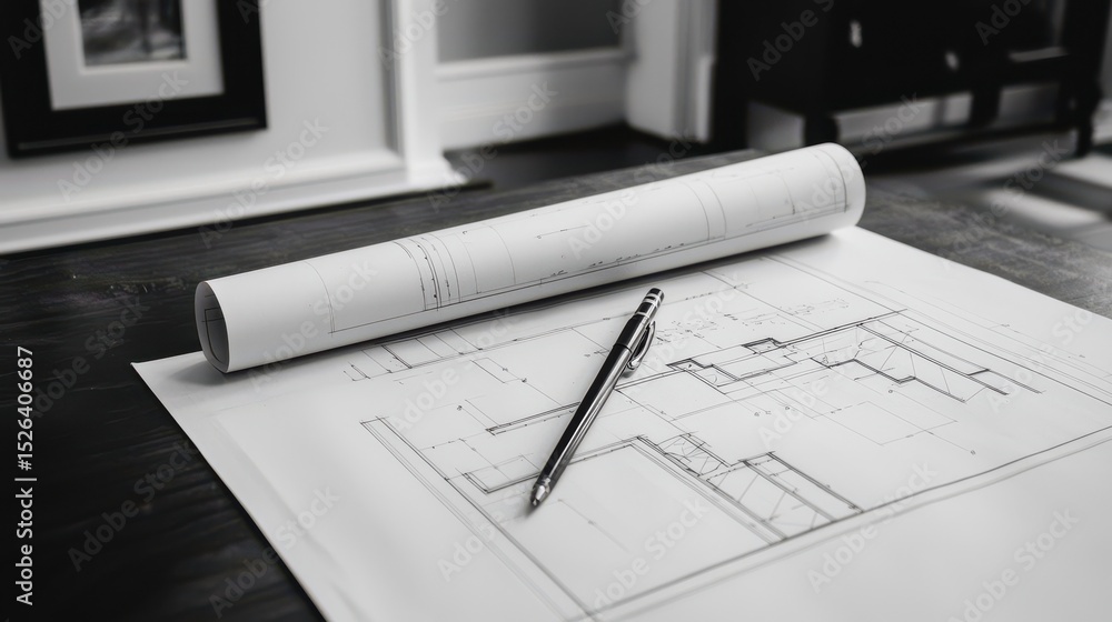 Poster architectural blueprints and design plans on table with pen ready for drafting in modern workspace