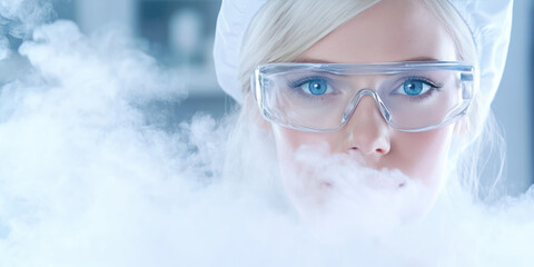 Fototapeta premium A woman wearing safety goggles and a hairnet is surrounded by mist or smoke, focusing intently. Scientific exploration, safety, concentration