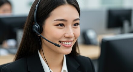 Woman with headset smiles in office setting customer service or call center.
