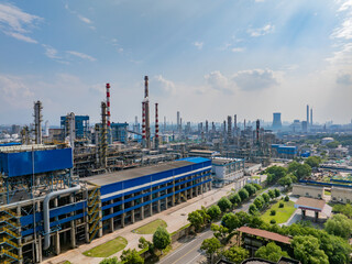 Aerial photography of a large petrochemical refinery at night