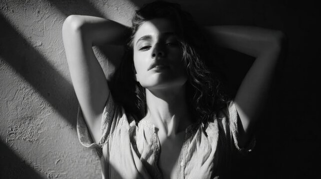 Fototapeta Black and white portrait of a sensual young woman lying down with her arms behind her head, illuminated by beams of sunlight creating a dramatic chiaroscuro effect