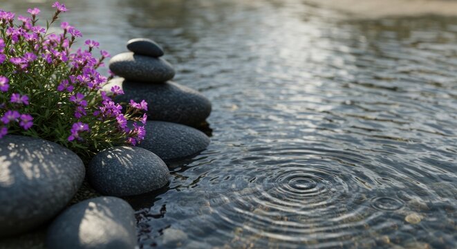 Stacked rocks with purple flowers near water creating ripples serene peaceful scene.