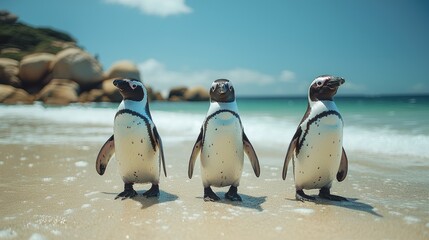 Three African penguins stand on a sandy beach.