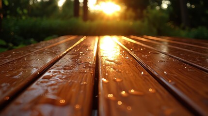 Wet wooden table at sunset