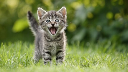 Adorable Gray Kitten Meowing Outdoors in Sunny Green Grass
