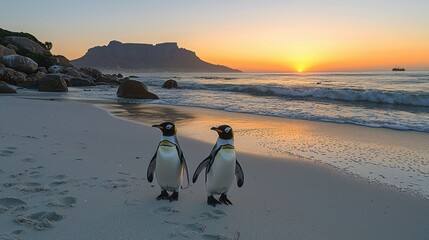 Two penguins stand on a sandy beach at sunrise.