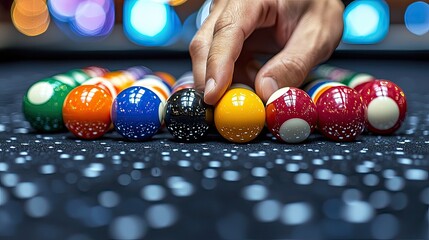 Colorful billiard balls arranged on a table.