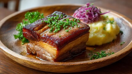 Crispy Pork Belly with Mashed Potatoes and Pickled Red Cabbage on a Wooden Plate