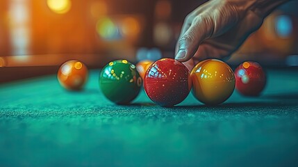 Close-up of billiard balls on a table.