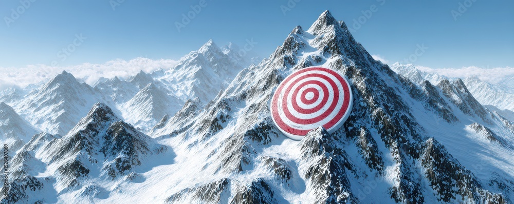 Poster snowy mountain peak with large red and white target symbol representing goals and objectives in natu