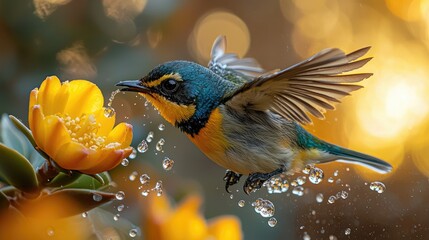 A vibrant bird in flight, drinking nectar from a flower.