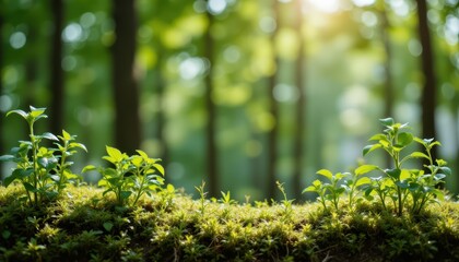 Obraz premium Enchanting mosscovered forest bathed in golden sunlight, a tranquil nature scene