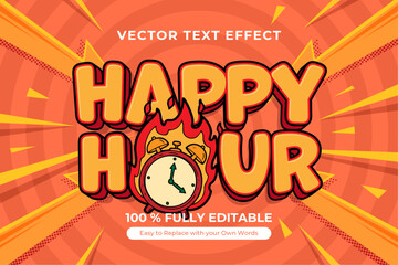 Happy Hour Cartoon Text Effect with Alarm Clock
