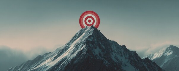 Red and White Target Symbol on Snow-Capped Mountain Peak Against Dramatic Cloudy Sky