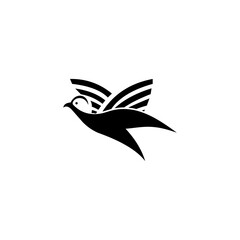 Illustration of a flying bird and an open book logo. Symbolizes unlimited higher education and the freedom to achieve it. Black and white vector. Company logo, printing, book cover, publishing