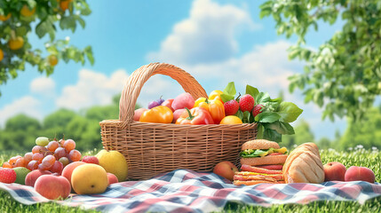 A woven picnic basket filled with fresh fruit on a picnic blanket with a sunny day of a park in the background