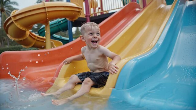 happy little boy slides down water park slide summer