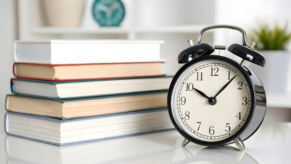 Classic alarm clock beside stacked books on a desk in a bright room