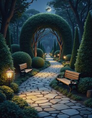 Serene park path illuminated by glowing benches and topiary under a full moon