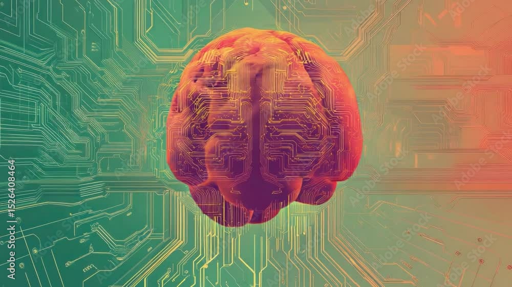 Poster digital brain: a 3d rendering of a human brain set against a backdrop of computer circuit board, sym